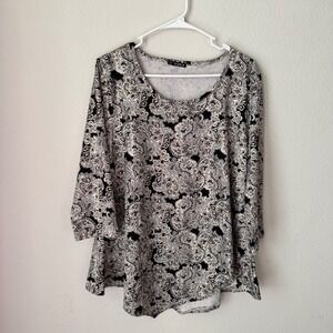 Storybuk Womens Large Black White Gold Paisley 3/4 Sleeve Scoop Neck Blouse Top